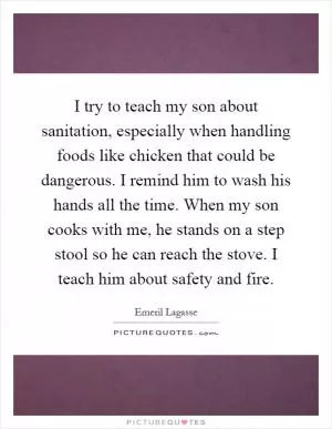 I try to teach my son about sanitation, especially when handling foods like chicken that could be dangerous. I remind him to wash his hands all the time. When my son cooks with me, he stands on a step stool so he can reach the stove. I teach him about safety and fire Picture Quote #1