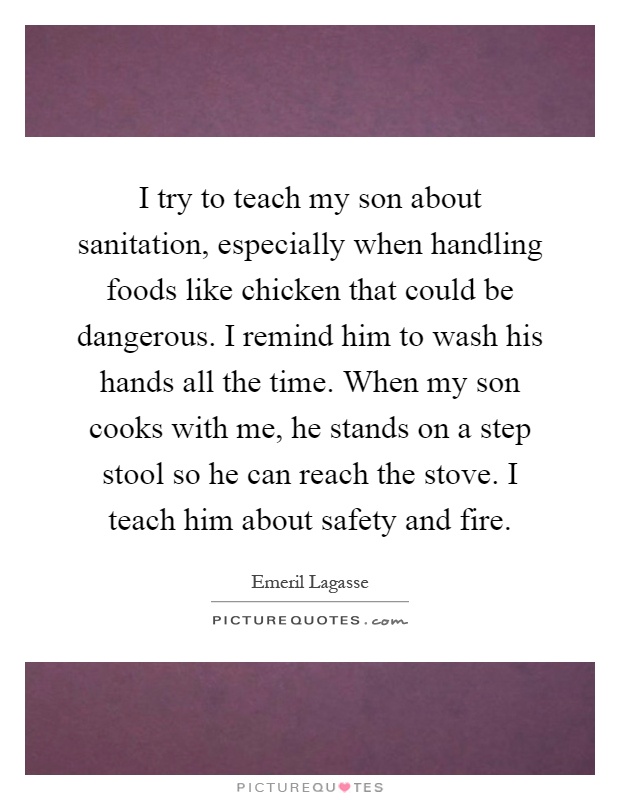 I try to teach my son about sanitation, especially when handling foods like chicken that could be dangerous. I remind him to wash his hands all the time. When my son cooks with me, he stands on a step stool so he can reach the stove. I teach him about safety and fire Picture Quote #1