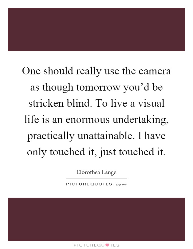 One should really use the camera as though tomorrow you'd be stricken blind. To live a visual life is an enormous undertaking, practically unattainable. I have only touched it, just touched it Picture Quote #1