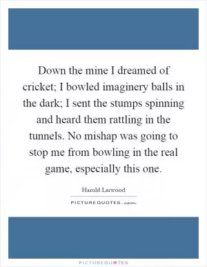 Down the mine I dreamed of cricket; I bowled imaginery balls in the dark; I sent the stumps spinning and heard them rattling in the tunnels. No mishap was going to stop me from bowling in the real game, especially this one Picture Quote #1
