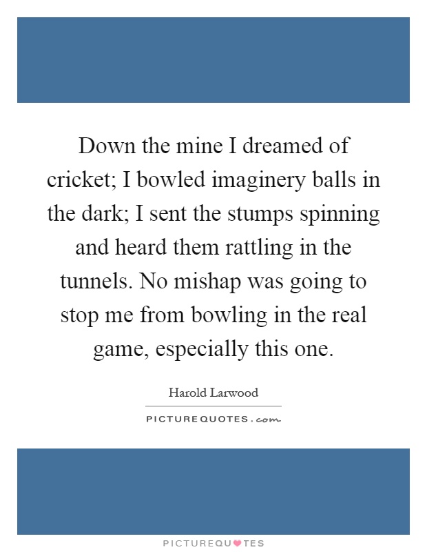 Down the mine I dreamed of cricket; I bowled imaginery balls in the dark; I sent the stumps spinning and heard them rattling in the tunnels. No mishap was going to stop me from bowling in the real game, especially this one Picture Quote #1