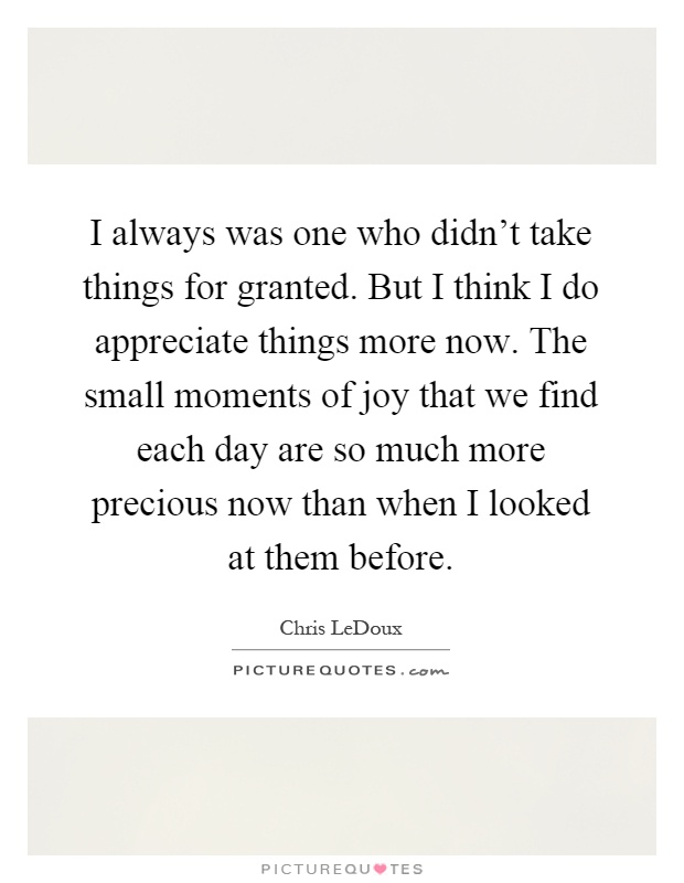 I always was one who didn't take things for granted. But I think I do appreciate things more now. The small moments of joy that we find each day are so much more precious now than when I looked at them before Picture Quote #1