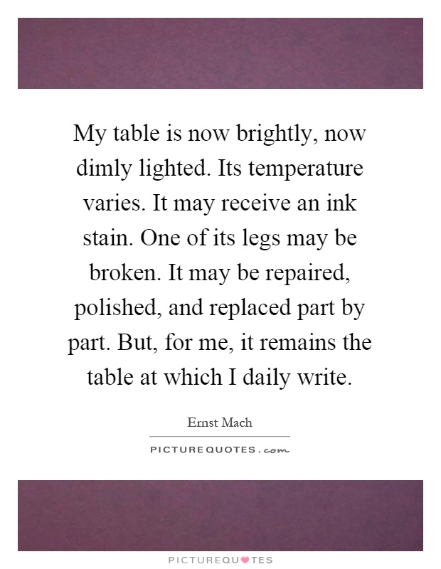 My table is now brightly, now dimly lighted. Its temperature varies. It may receive an ink stain. One of its legs may be broken. It may be repaired, polished, and replaced part by part. But, for me, it remains the table at which I daily write Picture Quote #1