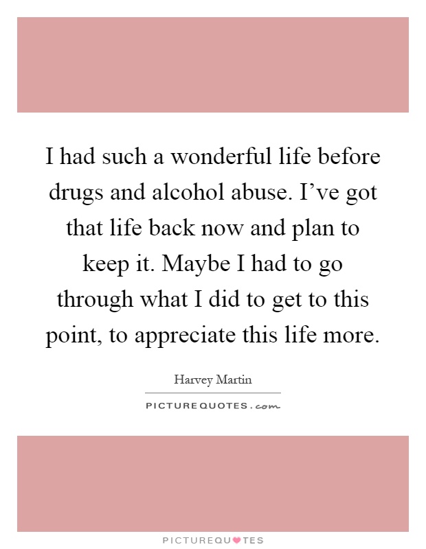 I had such a wonderful life before drugs and alcohol abuse. I've got that life back now and plan to keep it. Maybe I had to go through what I did to get to this point, to appreciate this life more Picture Quote #1