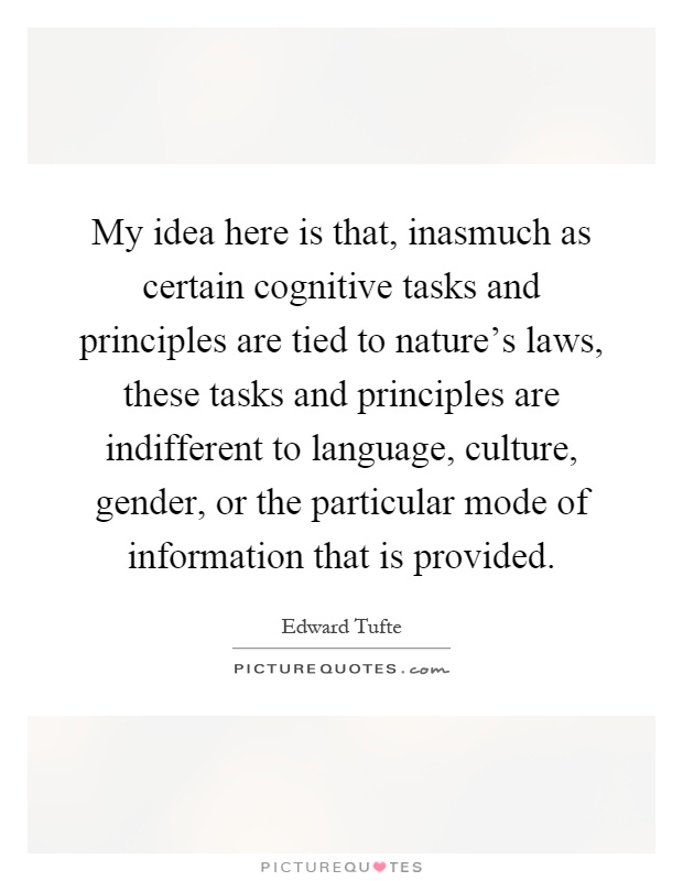 My idea here is that, inasmuch as certain cognitive tasks and principles are tied to nature's laws, these tasks and principles are indifferent to language, culture, gender, or the particular mode of information that is provided Picture Quote #1