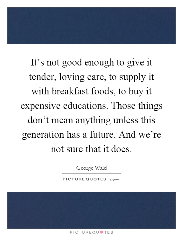 It's not good enough to give it tender, loving care, to supply it with breakfast foods, to buy it expensive educations. Those things don't mean anything unless this generation has a future. And we're not sure that it does Picture Quote #1