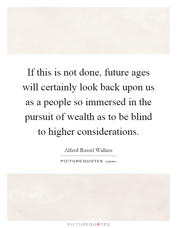 If this is not done, future ages will certainly look back upon us as a people so immersed in the pursuit of wealth as to be blind to higher considerations Picture Quote #1