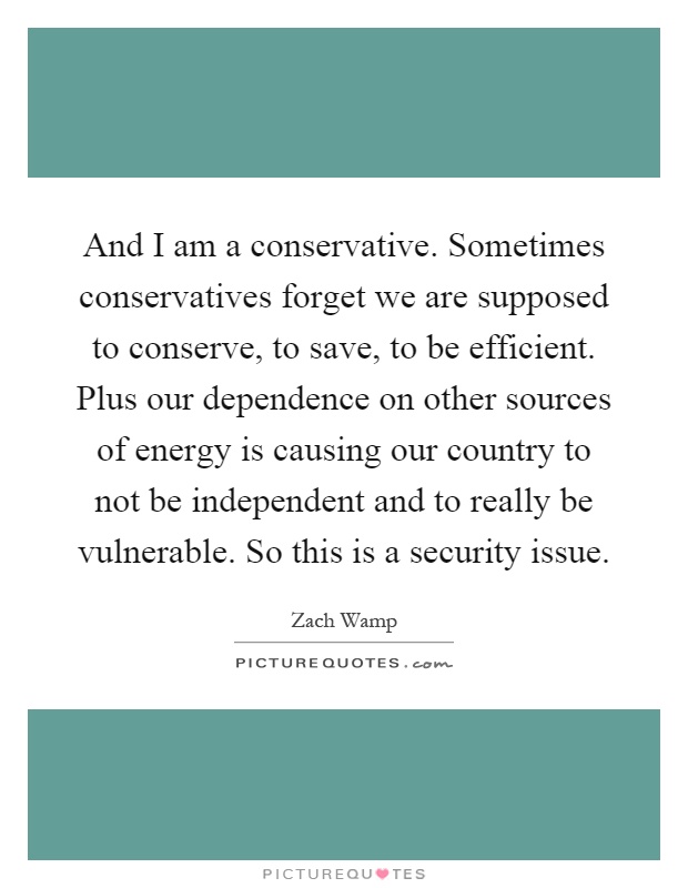 And I am a conservative. Sometimes conservatives forget we are supposed to conserve, to save, to be efficient. Plus our dependence on other sources of energy is causing our country to not be independent and to really be vulnerable. So this is a security issue Picture Quote #1