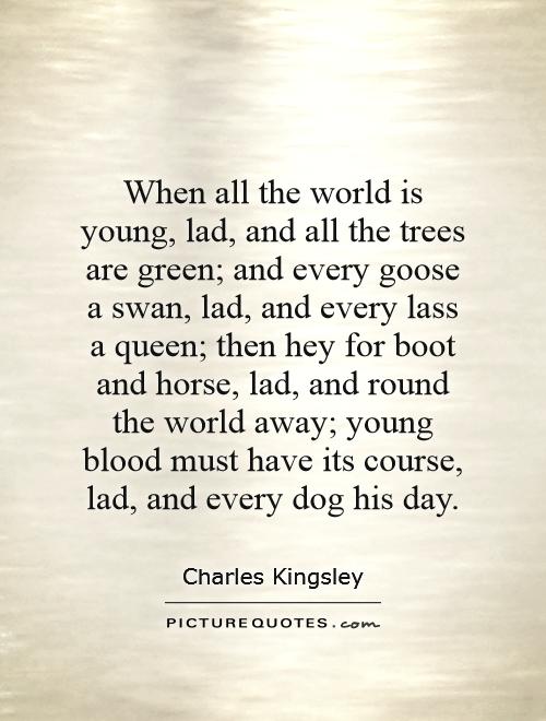 When all the world is young, lad, and all the trees are green; and every goose a swan, lad, and every lass a queen; then hey for boot and horse, lad, and round the world away; young blood must have its course, lad, and every dog his day Picture Quote #1