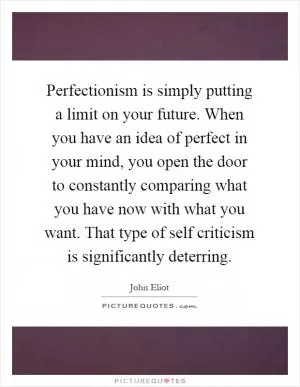 Perfectionism is simply putting a limit on your future. When you have an idea of perfect in your mind, you open the door to constantly comparing what you have now with what you want. That type of self criticism is significantly deterring Picture Quote #1