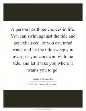 A person has three choices in life. You can swim against the tide and get exhausted, or you can tread water and let the tide sweep you away, or you can swim with the tide, and let it take you where it wants you to go Picture Quote #1