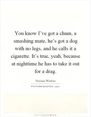 You know I’ve got a chum, a smashing mate, he’s got a dog with no legs, and he calls it a cigarette. It’s true, yeah, because at nighttime he has to take it out for a drag Picture Quote #1