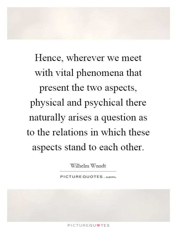 Hence, wherever we meet with vital phenomena that present the two aspects, physical and psychical there naturally arises a question as to the relations in which these aspects stand to each other Picture Quote #1
