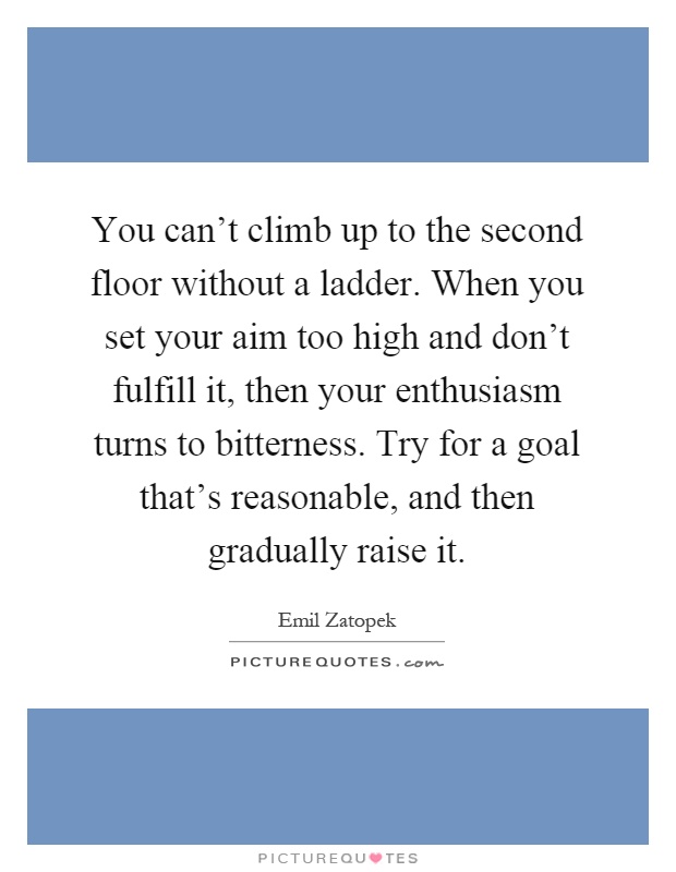 You can't climb up to the second floor without a ladder. When you set your aim too high and don't fulfill it, then your enthusiasm turns to bitterness. Try for a goal that's reasonable, and then gradually raise it Picture Quote #1