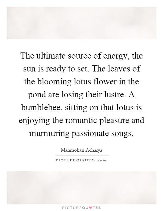 The ultimate source of energy, the sun is ready to set. The leaves of the blooming lotus flower in the pond are losing their lustre. A bumblebee, sitting on that lotus is enjoying the romantic pleasure and murmuring passionate songs Picture Quote #1