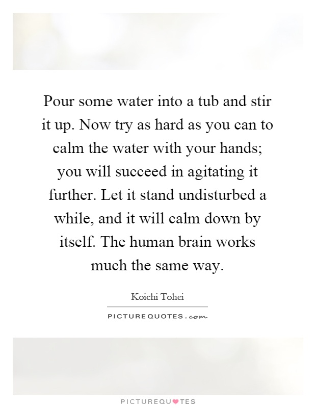 Pour some water into a tub and stir it up. Now try as hard as you can to calm the water with your hands; you will succeed in agitating it further. Let it stand undisturbed a while, and it will calm down by itself. The human brain works much the same way Picture Quote #1