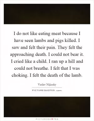 I do not like eating meat because I have seen lambs and pigs killed. I saw and felt their pain. They felt the approaching death. I could not bear it. I cried like a child. I ran up a hill and could not breathe. I felt that I was choking. I felt the death of the lamb Picture Quote #1