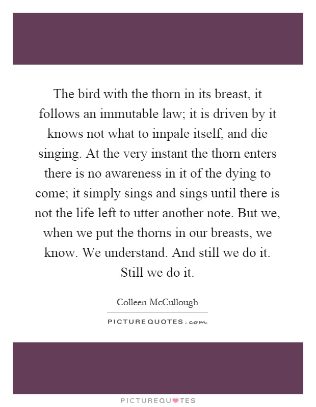 The bird with the thorn in its breast, it follows an immutable law; it is driven by it knows not what to impale itself, and die singing. At the very instant the thorn enters there is no awareness in it of the dying to come; it simply sings and sings until there is not the life left to utter another note. But we, when we put the thorns in our breasts, we know. We understand. And still we do it. Still we do it Picture Quote #1