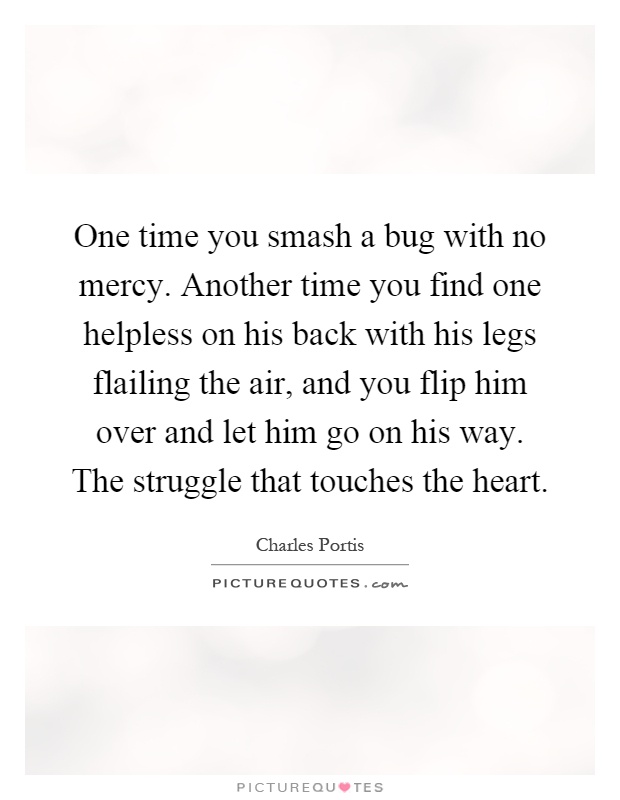 One time you smash a bug with no mercy. Another time you find one helpless on his back with his legs flailing the air, and you flip him over and let him go on his way. The struggle that touches the heart Picture Quote #1