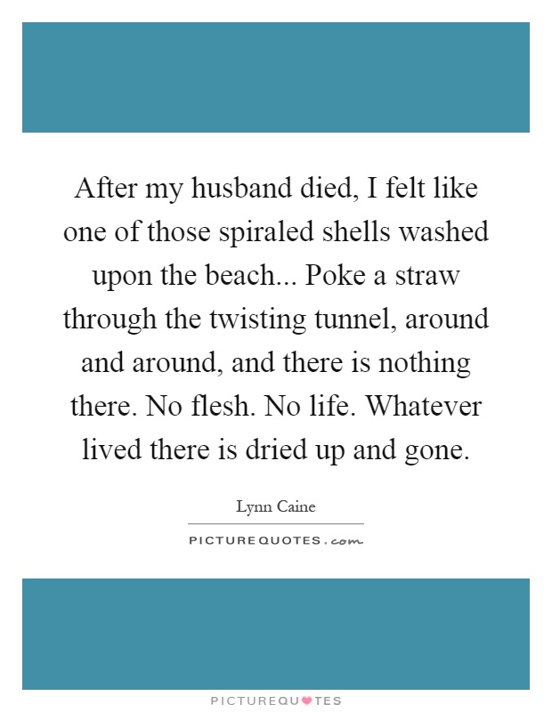 After my husband died, I felt like one of those spiraled shells washed upon the beach... Poke a straw through the twisting tunnel, around and around, and there is nothing there. No flesh. No life. Whatever lived there is dried up and gone Picture Quote #1