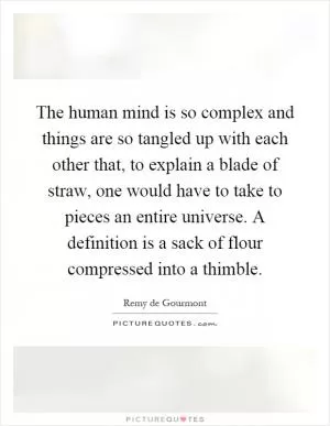 The human mind is so complex and things are so tangled up with each other that, to explain a blade of straw, one would have to take to pieces an entire universe. A definition is a sack of flour compressed into a thimble Picture Quote #1