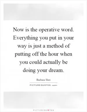 Now is the operative word. Everything you put in your way is just a method of putting off the hour when you could actually be doing your dream Picture Quote #1