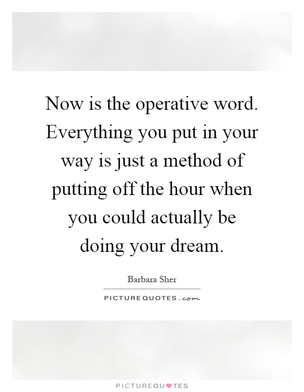 Now is the operative word. Everything you put in your way is just a method of putting off the hour when you could actually be doing your dream Picture Quote #1