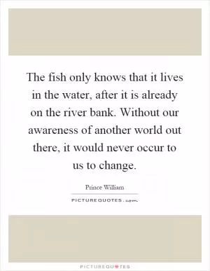 The fish only knows that it lives in the water, after it is already on the river bank. Without our awareness of another world out there, it would never occur to us to change Picture Quote #1