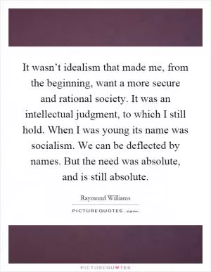 It wasn’t idealism that made me, from the beginning, want a more secure and rational society. It was an intellectual judgment, to which I still hold. When I was young its name was socialism. We can be deflected by names. But the need was absolute, and is still absolute Picture Quote #1