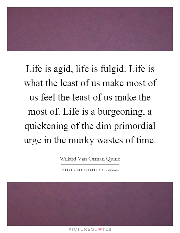 Life is agid, life is fulgid. Life is what the least of us make most of us feel the least of us make the most of. Life is a burgeoning, a quickening of the dim primordial urge in the murky wastes of time Picture Quote #1