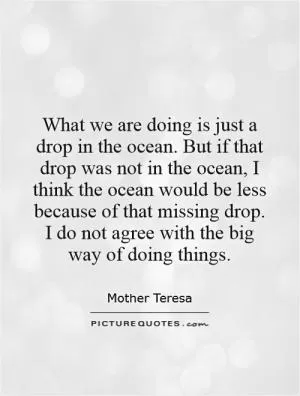 What we are doing is just a drop in the ocean. But if that drop was not in the ocean, I think the ocean would be less because of that missing drop. I do not agree with the big way of doing things Picture Quote #1