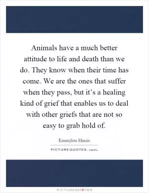 Animals have a much better attitude to life and death than we do. They know when their time has come. We are the ones that suffer when they pass, but it’s a healing kind of grief that enables us to deal with other griefs that are not so easy to grab hold of Picture Quote #1