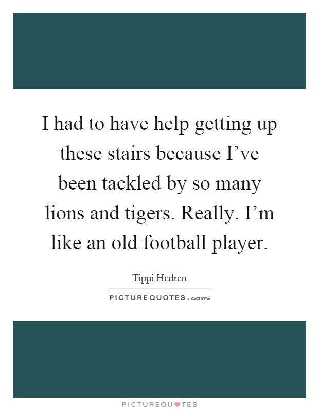 I had to have help getting up these stairs because I've been tackled by so many lions and tigers. Really. I'm like an old football player Picture Quote #1