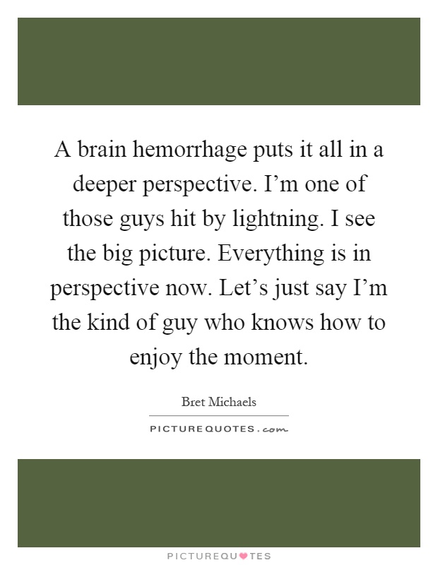 A brain hemorrhage puts it all in a deeper perspective. I'm one of those guys hit by lightning. I see the big picture. Everything is in perspective now. Let's just say I'm the kind of guy who knows how to enjoy the moment Picture Quote #1