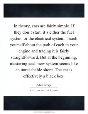 In theory, cars are fairly simple. If they don’t start, it’s either the fuel system or the electrical system. Teach yourself about the path of each in your engine and tracing it is fairly straightforward. But at the beginning, mastering each new system seems like an unreachable shore. The car is effectively a black box Picture Quote #1