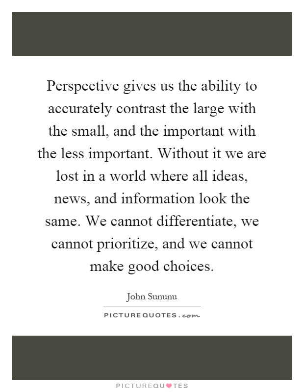 Perspective gives us the ability to accurately contrast the large with the small, and the important with the less important. Without it we are lost in a world where all ideas, news, and information look the same. We cannot differentiate, we cannot prioritize, and we cannot make good choices Picture Quote #1