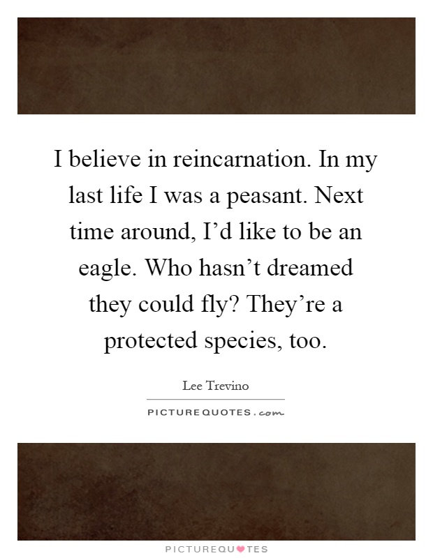 I believe in reincarnation. In my last life I was a peasant. Next time around, I'd like to be an eagle. Who hasn't dreamed they could fly? They're a protected species, too Picture Quote #1