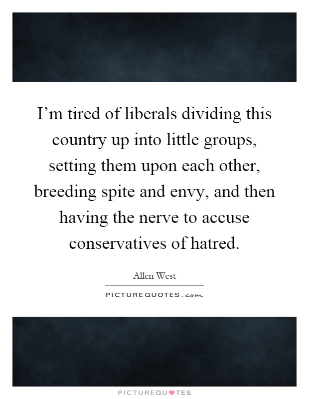 I'm tired of liberals dividing this country up into little groups, setting them upon each other, breeding spite and envy, and then having the nerve to accuse conservatives of hatred Picture Quote #1