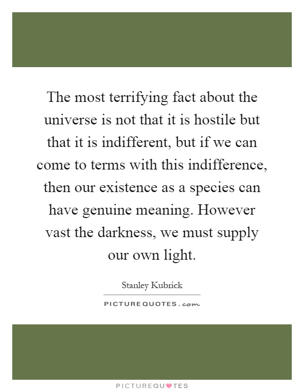 The most terrifying fact about the universe is not that it is hostile but that it is indifferent, but if we can come to terms with this indifference, then our existence as a species can have genuine meaning. However vast the darkness, we must supply our own light Picture Quote #1