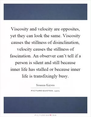 Viscosity and velocity are opposites, yet they can look the same. Viscosity causes the stillness of disinclination, velocity causes the stillness of fascination. An observer can’t tell if a person is silent and still because inner life has stalled or because inner life is transfixingly busy Picture Quote #1