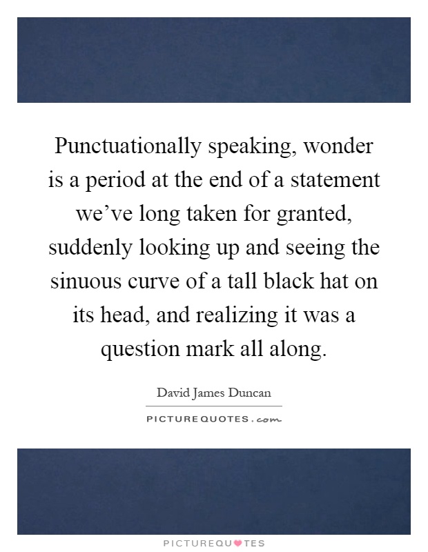 Punctuationally speaking, wonder is a period at the end of a statement we've long taken for granted, suddenly looking up and seeing the sinuous curve of a tall black hat on its head, and realizing it was a question mark all along Picture Quote #1