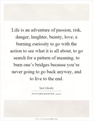 Life is an adventure of passion, risk, danger, laughter, beauty, love; a burning curiosity to go with the action to see what it is all about, to go search for a pattern of meaning, to burn one’s bridges because you’re never going to go back anyway, and to live to the end Picture Quote #1