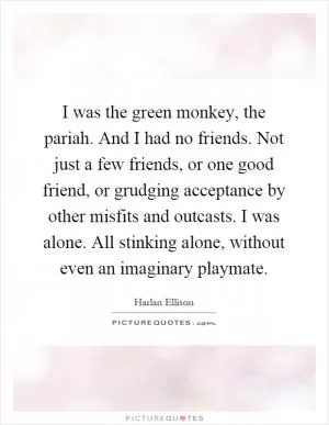 I was the green monkey, the pariah. And I had no friends. Not just a few friends, or one good friend, or grudging acceptance by other misfits and outcasts. I was alone. All stinking alone, without even an imaginary playmate Picture Quote #1