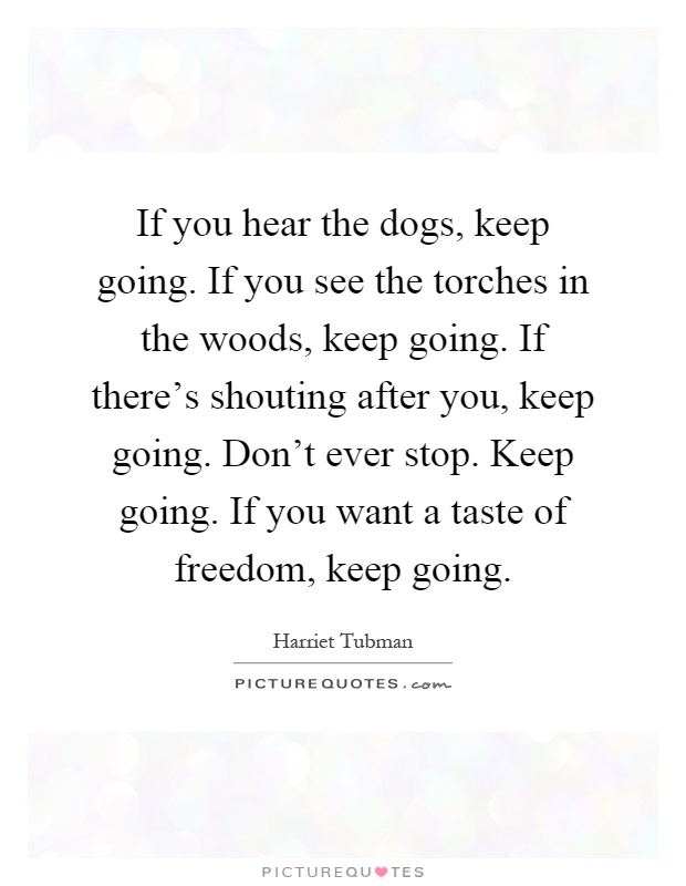 If you hear the dogs, keep going. If you see the torches in the woods, keep going. If there's shouting after you, keep going. Don't ever stop. Keep going. If you want a taste of freedom, keep going Picture Quote #1