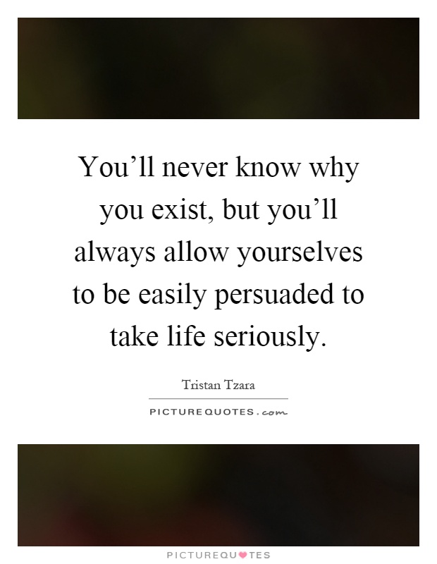 You'll never know why you exist, but you'll always allow yourselves to be easily persuaded to take life seriously Picture Quote #1