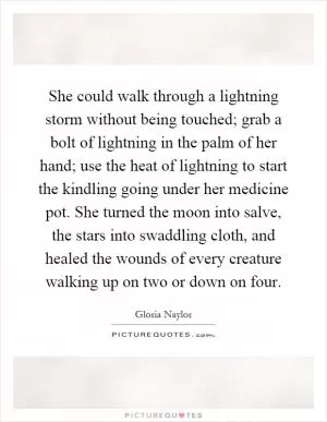 She could walk through a lightning storm without being touched; grab a bolt of lightning in the palm of her hand; use the heat of lightning to start the kindling going under her medicine pot. She turned the moon into salve, the stars into swaddling cloth, and healed the wounds of every creature walking up on two or down on four Picture Quote #1