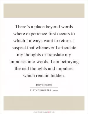 There’s a place beyond words where experience first occurs to which I always want to return. I suspect that whenever I articulate my thoughts or translate my impulses into words, I am betraying the real thoughts and impulses which remain hidden Picture Quote #1