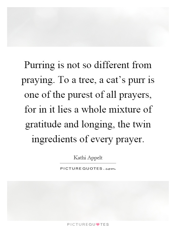 Purring is not so different from praying. To a tree, a cat's purr is one of the purest of all prayers, for in it lies a whole mixture of gratitude and longing, the twin ingredients of every prayer Picture Quote #1
