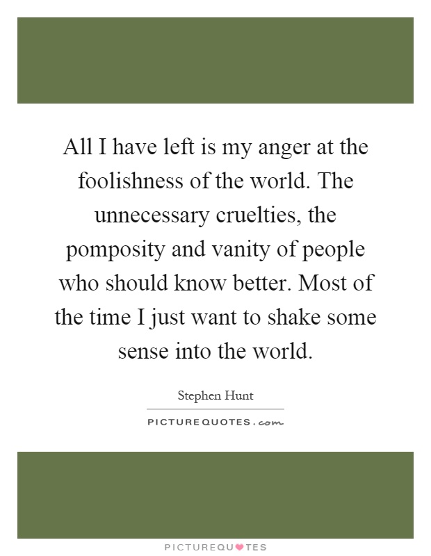 All I have left is my anger at the foolishness of the world. The unnecessary cruelties, the pomposity and vanity of people who should know better. Most of the time I just want to shake some sense into the world Picture Quote #1