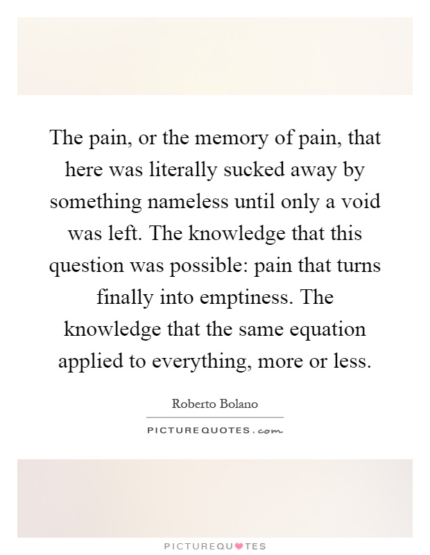 The pain, or the memory of pain, that here was literally sucked away by something nameless until only a void was left. The knowledge that this question was possible: pain that turns finally into emptiness. The knowledge that the same equation applied to everything, more or less Picture Quote #1